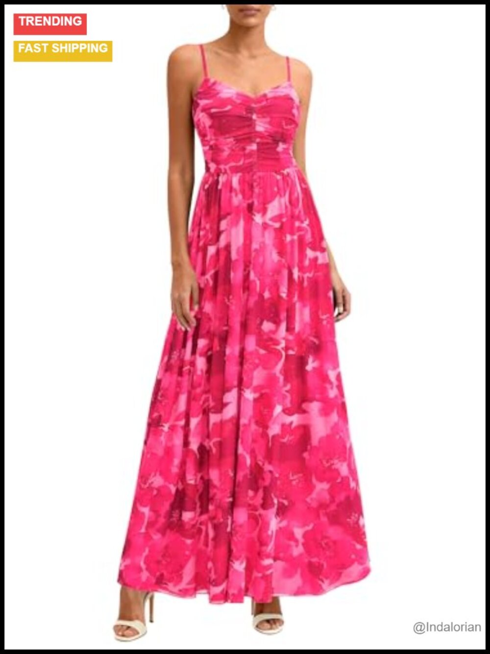 PRETTYGARDEN Women Floral Maxi Dress V Neck Ruched Adjustable Spaghetti Straps